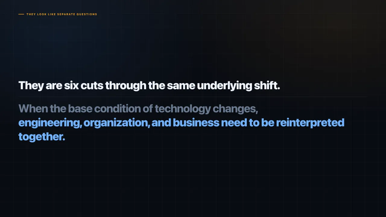 Slide 3: They are six cuts through the same underlying shift.