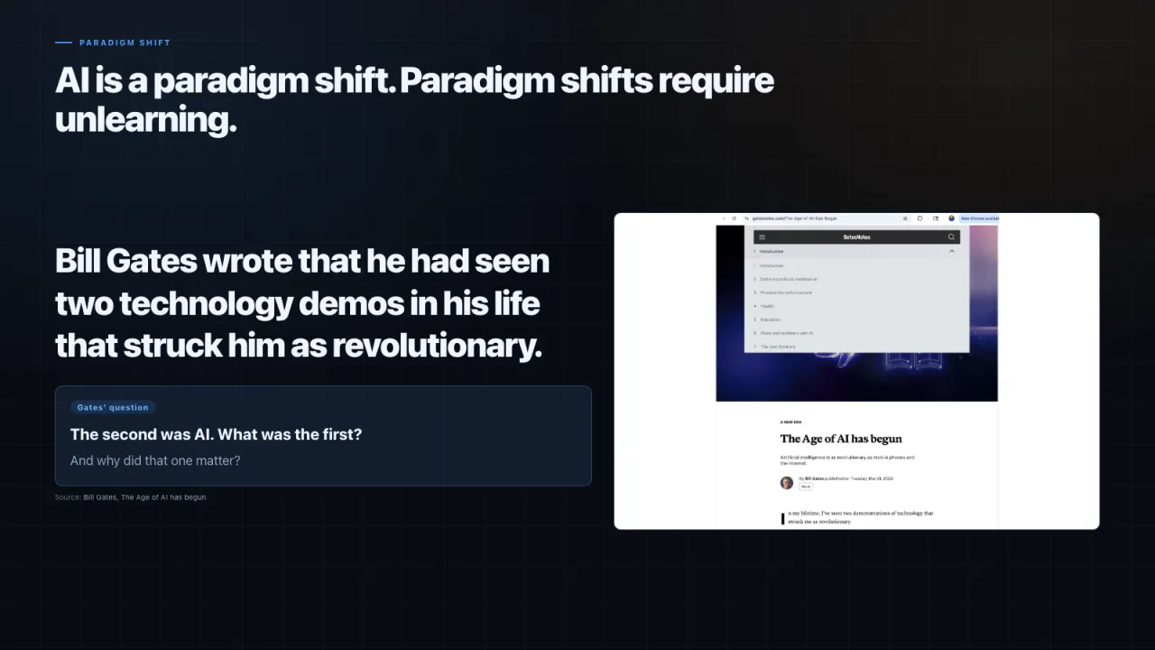 Slide 6: AI is a paradigm shift. Paradigm shifts require unlearning.