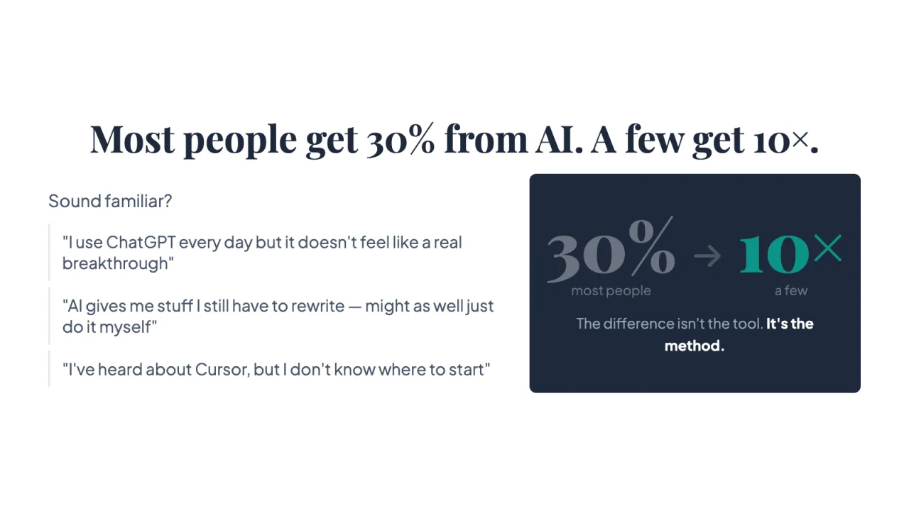 Slide 5: Most people get 30% from AI. A few get 10×.