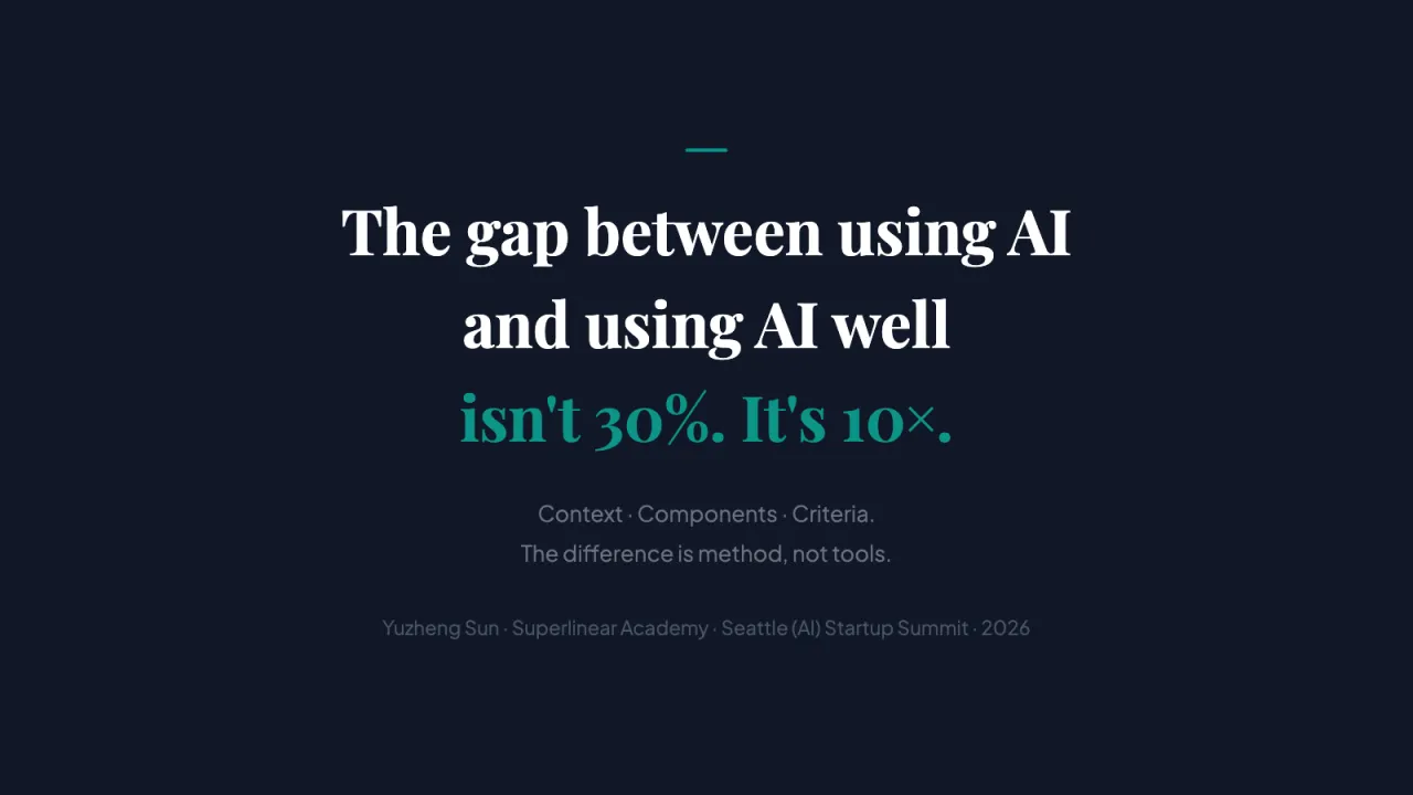Slide 26: The gap between using AI and using AI well isn't 30%. It's 10×.