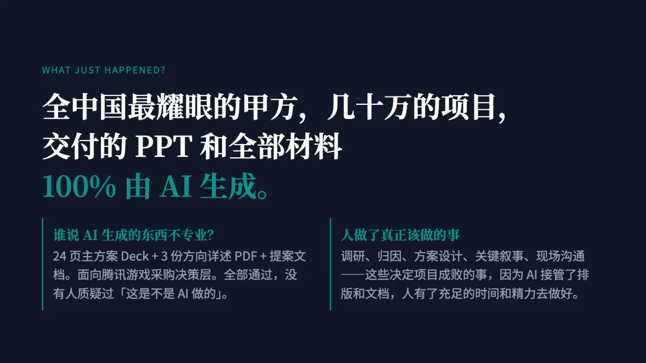第14页:全中国最耀眼的甲方,几十万的项目,交付的 PPT 和全部材料100% 由 AI 生成。