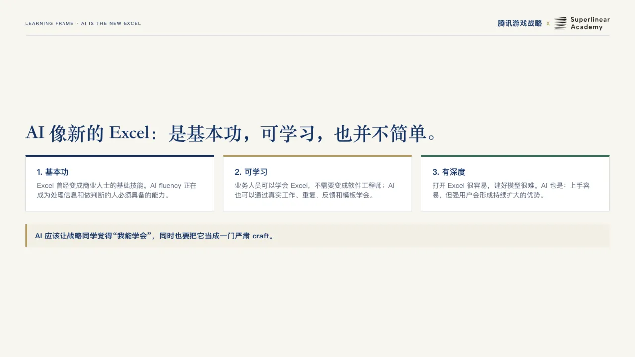 第20页:AI 像新的 Excel:是基本功,可学习,也并不简单。