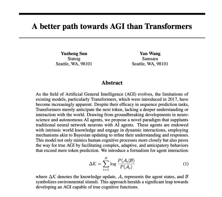 一份研究摘要的第一页,题目是A better path towards AGI than Transformers
